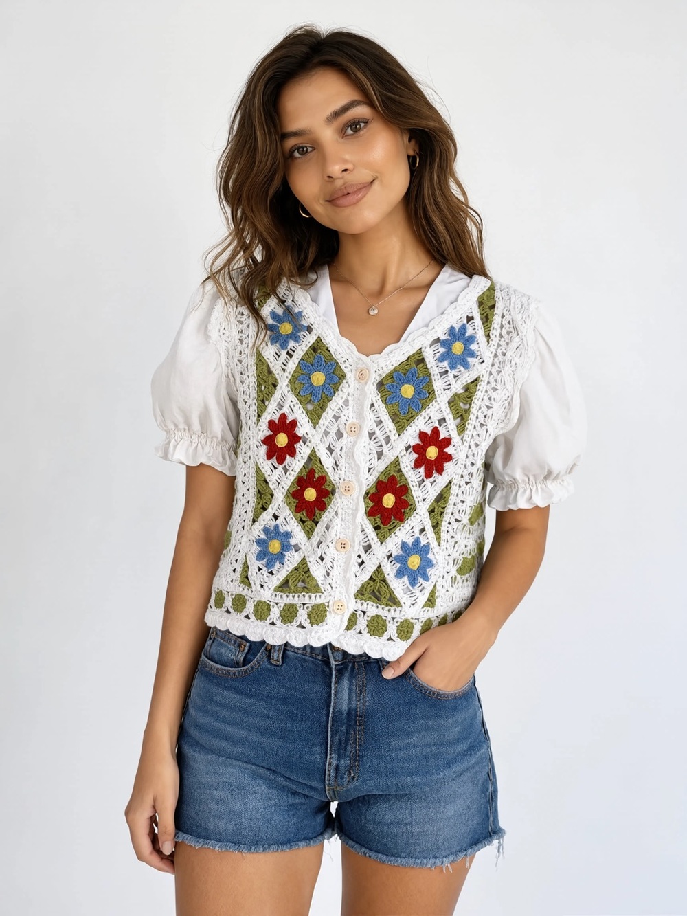 NO TAG Floral Crochet Button-Front Puff Sleeve Top